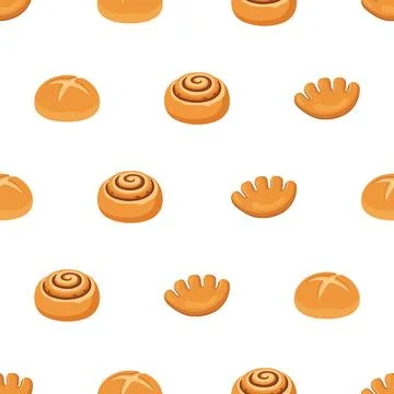 Seamless pattern with various fresh bakery items and sweet pastries on whit.. Stock Illustration