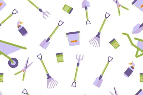 Seamless pattern of various garden and garden tools. Bright illustration Stock Illustration