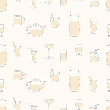 Seamless Pattern with Various Glassware Teapot Pitcher and Cups for Drinks,.. Stock Illustration
