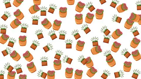 Seamless pattern of various green and flowering potted plants isolated on w.. Illustrazione stock