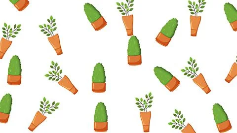 Seamless Pattern of Various Green Potted Houseplants and Decorative Leafy B.. Stock Illustration