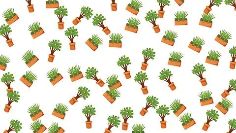 Seamless pattern of various green potted plants and indoor trees on white b.. Illustrazione stock