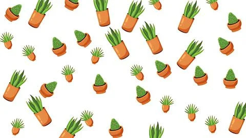 Seamless pattern of various green succulents and houseplants in terracotta .. Stock Illustration