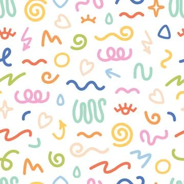 Seamless pattern with various hand drawn abstract shapes, strokes and doodles Иллюстрация