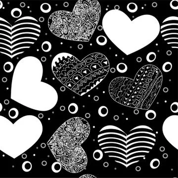 Seamless pattern of various hearts, black on white Stock Illustration
