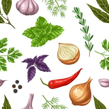 Seamless pattern with various herbs and spices Stock Illustration