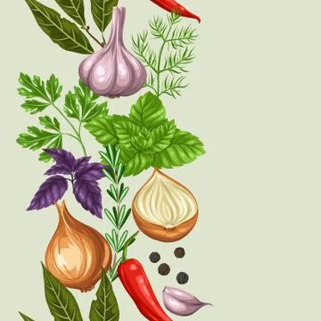 Seamless pattern with various herbs and spices Illustrazione stock