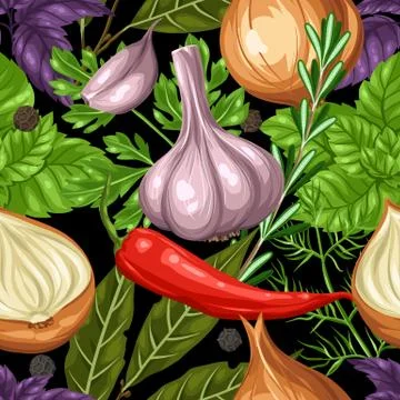 Seamless pattern with various herbs and spices Illustrazione stock