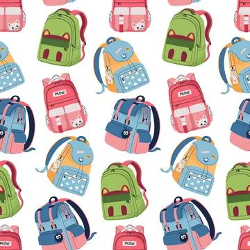 Seamless Pattern with Various Kids Backpacks. Colorful School Background for Illustrazione stock