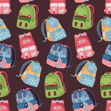 Seamless Pattern with Various Kids Backpacks. Colorful School Background for Stock Illustration