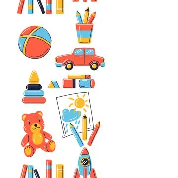 Seamless pattern with various kids toys. Happy childhood symbols. Playing game Stock Illustration