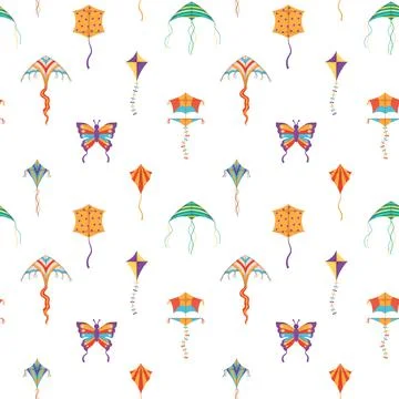 Seamless pattern with various kites flat style, vector illustration イラスト素材