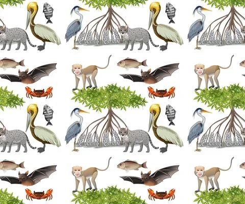 Seamless pattern with various mangrove animals on white background Stock Illustration