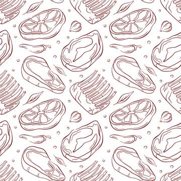 Seamless pattern with various meat cut, including steak, rib and chop in a line Stock Illustration