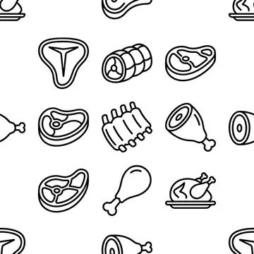 Seamless pattern of various meat cuts and poultry icons in a simple line ar.. Stock Illustration