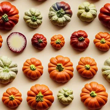 Seamless Pattern of Various Orange Halloween Pumpkins Vegetables Centerpiece Stock-Fotos