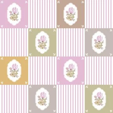 Seamless pattern with various patch style trendy folk flowers, stripes 스톡 일러스트