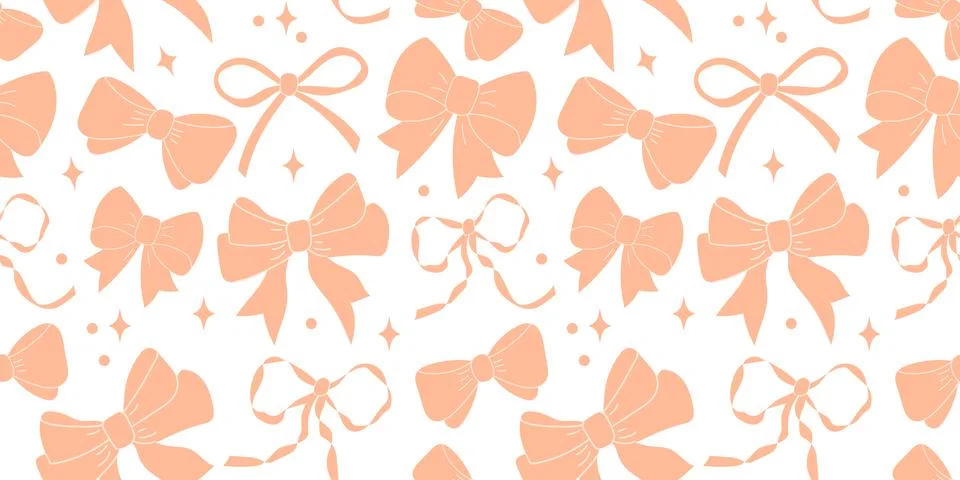 Seamless pattern with various peach fuzz satin bow knots, gift ribbons. Stock Illustration