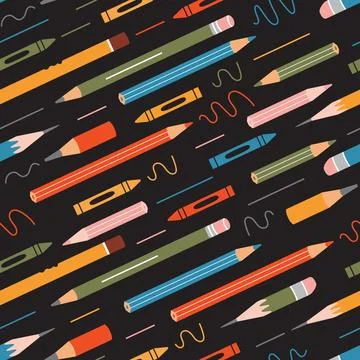 Seamless pattern with various pencils and crayons on black background, cartoo Stock Illustration