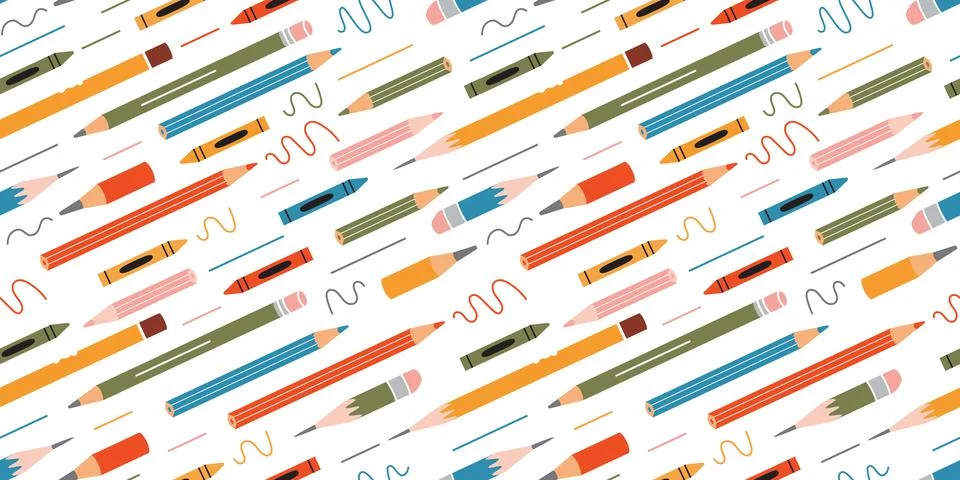 Seamless pattern with various pencils and crayons on white background, cartoo Stock Illustration