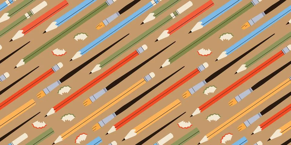 Seamless pattern with various pencils and crayons Stock Illustration