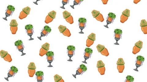 Seamless Pattern of Various Potted Houseplants Isolated on White Background Stock Footage 345539479