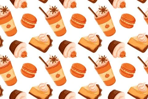 Seamless pattern with various pumpkin treats pie slice, cupcake and pumpkin Stock Illustration