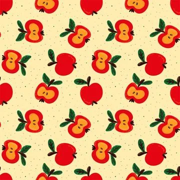 Seamless pattern with various red apples and colorful dots on a blue background 스톡 일러스트