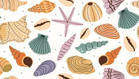 Seamless pattern with various sea shell and tiny dot in messy order in flat.. Stock Illustration