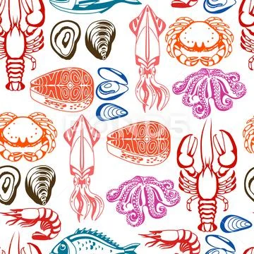 Seamless pattern with various seafood. Illustration of fish, shellfish and Stock Illustration