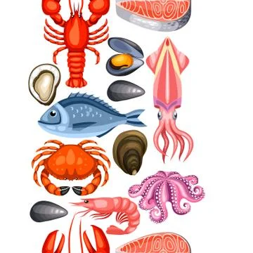 Seamless pattern with various seafood. Illustration of fish, shellfish and Stock Illustration