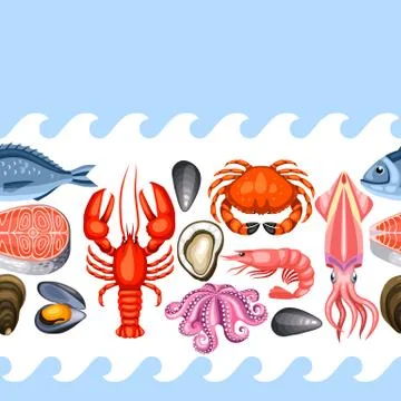 Seamless pattern with various seafood. Illustration of fish, shellfish and Stock Illustration