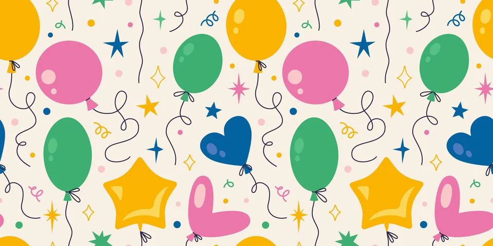 Seamless pattern with Various shapes Inflatable helium balloons and stars. Br Stock Illustration