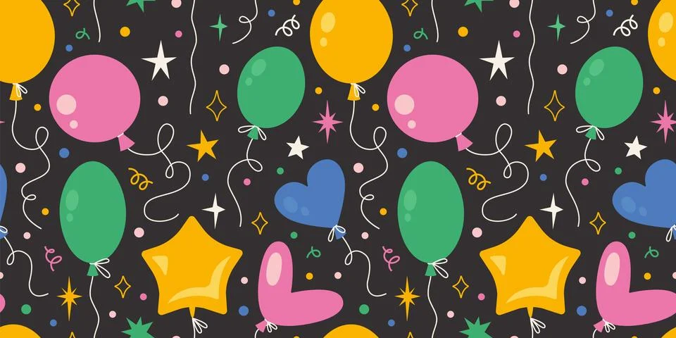 Seamless pattern with Various shapes Inflatable helium balloons and stars. Br Stock Illustration
