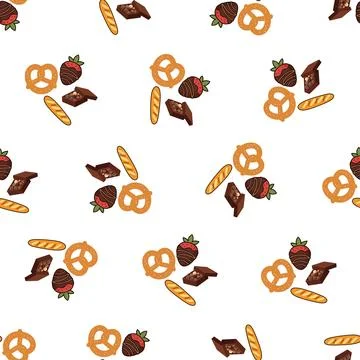 Seamless pattern with various snacks including pretzels bread chocolate and.. Stock Illustration