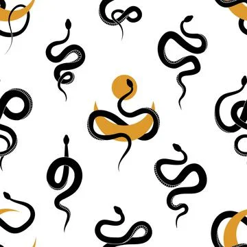 Seamless pattern with various snakes and golden celestial moon. Black tangled Stock Illustration
