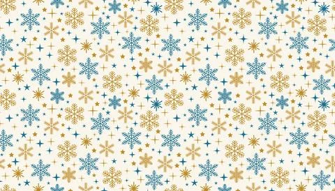 Seamless pattern with various snowflakes and twinkling stars in flat cartoon  Illustrazione stock