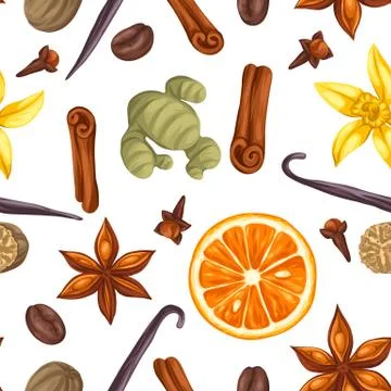 Seamless pattern with various spices. Illustration of anise, cloves, vanilla Stock Illustration