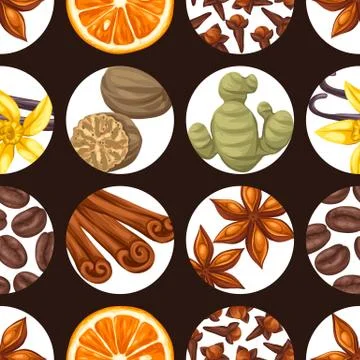 Seamless pattern with various spices. Illustration of anise, cloves, vanilla Stock Illustration