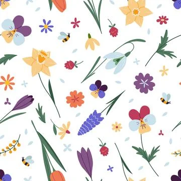 Seamless pattern with various spring flowers, floral design on white backgr.. Stock Illustration