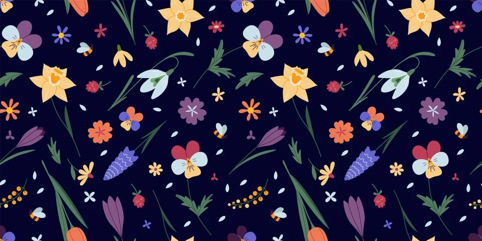 Seamless pattern with various spring flowers, floral design on dark backgro.. Stock Illustration