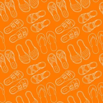Seamless pattern of various summer sandals in line art style on orange Stock Illustration
