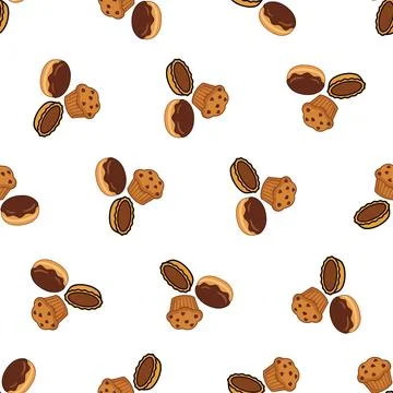 Seamless pattern with various sweet bakery items. Stock-Illustration