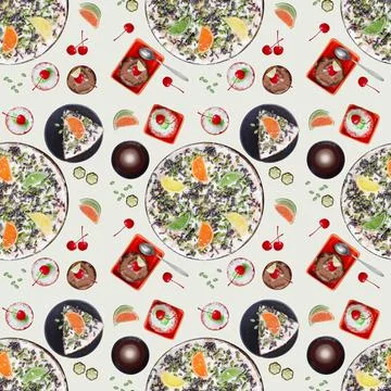 Seamless pattern with various sweet cakes and coffee on a light background. Top 스톡 사진
