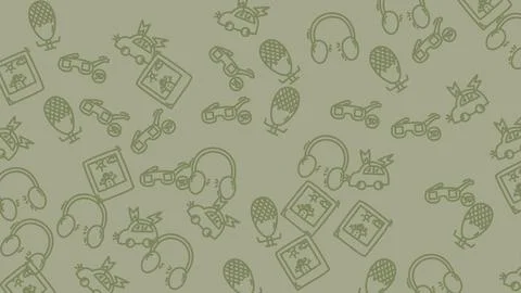 Seamless Pattern of Various Tech Gadgets and Accessories on a Muted Green B.. Stock Illustration
