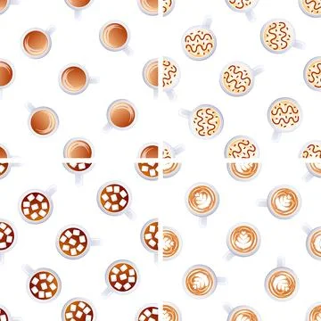 Seamless pattern with various types of coffee presenting latte art, chocolate Stock-Illustration