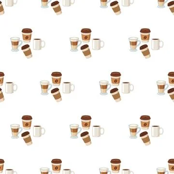 Seamless pattern with various types of coffee cups on white background. Illustrazione stock