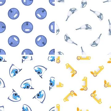 Seamless pattern with various vacuum cleaners performing cleaning tasks イラスト素材