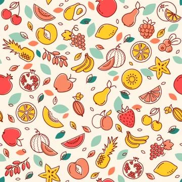 Seamless pattern of various vector fruits. Background with color illustration Stock Illustration
