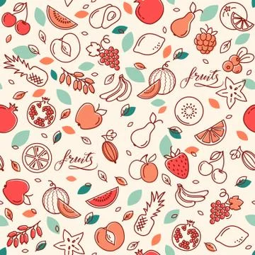 Seamless pattern of various vector fruits. Background with color illustrations Stock Illustration